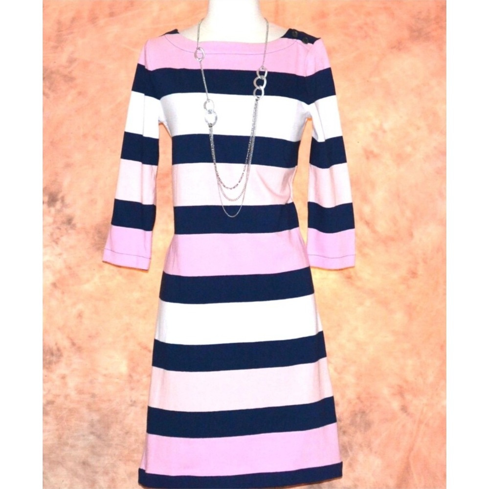 VTG Lands End BoatNeckDress Sz M 10/12 NavyPinkStripe Coastal Luxury 100% Cotton